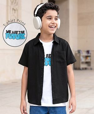 Pine Kids Viscose Woven Half  Sleeves Solid Shirt with Inner Tee - Black