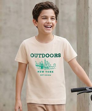 Pine Kids Cotton Knit Half Sleeves T-Shirt With New York Print - Beige
