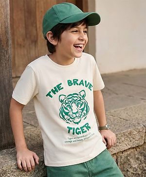 Pine Kids Cotton Knit Half Sleeves T-Shirt With Tiger Print - White
