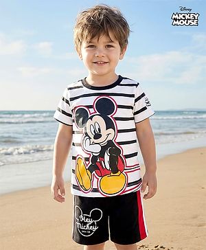 Babyhug Disney Single Jersey Knit Half Sleeve T-Shirt & Shorts Set with Mickey Mouse Graphic - Black & White