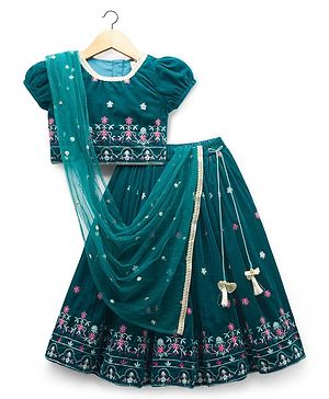 Babyhug Woven Half Puffed Sleeves Choli Lehenga Set with Dupatta & Floral Embroidery - Teal Blue