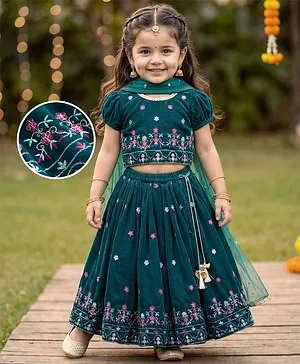 Babyhug Woven Half Puffed Sleeves
                              Choli Lehenga Set with Dupatta &
                              Floral Embroidery - Teal Blue