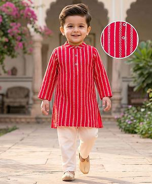 Babyhug Woven Full Sleeves Kurta Pyjama Set With Embroidery & Sequin Detailing - Red