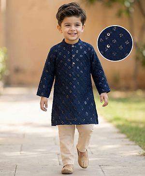 Babyhug Woven Full Sleeves Embroidered Kurta Pyjama Set - Navy Blue & White
