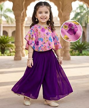 Babyhug Woven Half Sleeves Indo Western Set With Floral Print - Purple