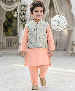 Babyhug Woven Full Sleeves Kurta Pajama Set with Embroidered Jacket - Peach