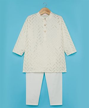 Babyhug Woven Full Sleeves Embroidered Kurta Pyjama Set with Embellished Detailing - Offwhite