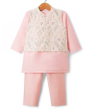 Babyhug Woven Full Sleeves Kurta Pajama Set With Floral Embriodery Jacket - Pink