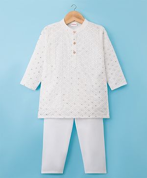 Babyhug Woven Full Sleeves Kurta Pajama Set With Sequin Embroidery - White