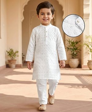 Babyhug Woven Full Sleeves Embroidered Kurta Pajama Set - White