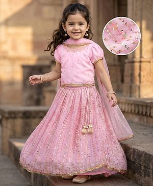 Babyhug Georgette Woven Half Sleeves Choli Lehenga & Dupatta Set With Floral & Sequin Embroidered - Light Pink