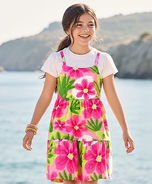Pine Kids Cotton Knit Frock & Half Sleeves Inner Tee With Floral Print - Multicolor