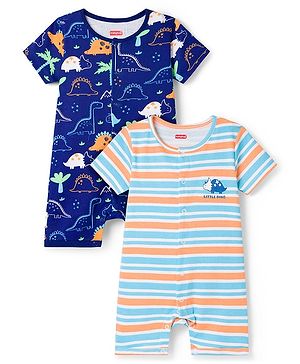 Babyhug 100% Cotton Knit Half Sleeves Striped Rompers With Dino Print Pack of 2 - Navy Blue & White