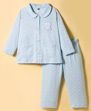 Teddy Sinker Knit Full Sleeves
                              Printed Night Suit With Owl Patch - Light
                              Blue