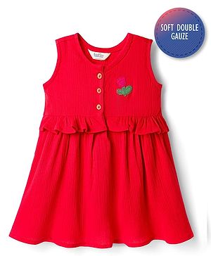 Bonfino 100% Cotton Woven Sleeveless Solid Color Frock with FRont Waist Ruffle Detail & Crochet Patch at Front Yoke - Red