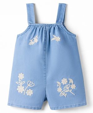 Bonfino 100% Cotton Light Weight Woven Sleeveless Denim Dungaree with Floral Embroidery - Light Blue
