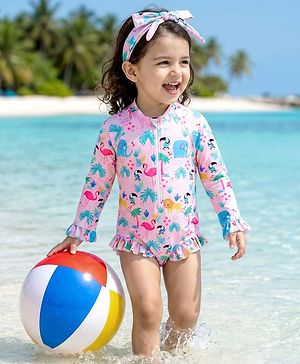 Babyhug Full Raglan Sleeves Animal Printed V Cut Swimsuit with Hairband - Pink