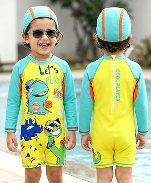 Babyhug Full Raglan Sleeves Dino Printed Legged Swimsuit - Yellow & Sea Green