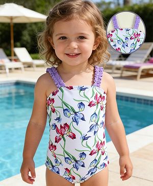 Babyhug Sleeveless V Cut Swimsuit with Floral Print - Light Blue & Purple