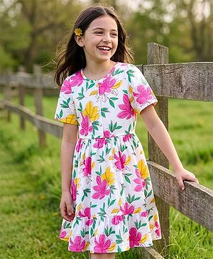 Pine Kids Cotton Knit Half Sleeves Frock With Floral Print - White