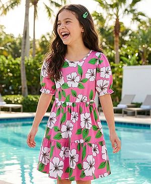 Pine Kids Cotton Knit Half Sleeves Frock With Floral Print - Pink