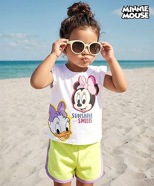 Babyhug Disney Single Jersey Knit Half Frill Sleeves T-Shirt & Shorts Set With Minnie & Friends Graphics - White & Green