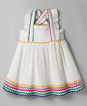 Bonfino 100% Cotton Dobby Woven Sleeveless Dress With Lace Detailing - White