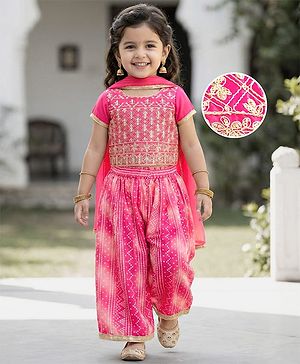 Babyhug Woven Half Sleeves Printed & Embroidered Indo Western Set with Dupatta - Pink