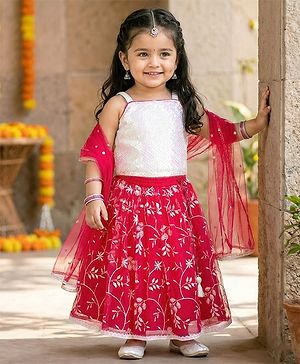 Babyhug Woven Sleeveless Choli Lehenga Set with Dupatta & Sequin Detailing - Dark Pink