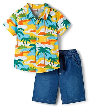 Babyhug Cotton Knit Half Sleeves Beach Theme Printed Shirt & Denim Shorts Set - Navy Blue