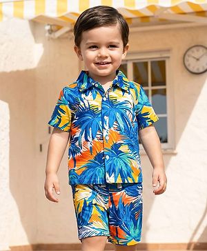 Babyhug Cotton Knit Half Sleeves Tropical Theme Printed Co-ords Shirt & Shorts Set - Navy Blue