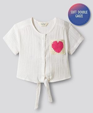 Bonfino 100% Cotton Double Gauze Woven Half Sleeves Top with Crochet Pocket Patch - White
