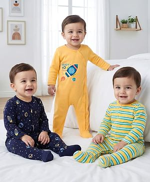 Babyhug Cotton Knit Full Sleeves Front Open Space Theme Printed & Striped Footed Sleep Suits Pack of 3 - Multi Colour