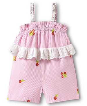 Bonfino Woven Sleeveless Striped Jumpsuit with Floral Embroidery - Pink