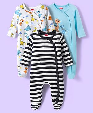 Babyhug Cotton Knit Full Sleeves Footed Sleepsuits With Dino Print Pack Of 3 - Light Blue Black & White