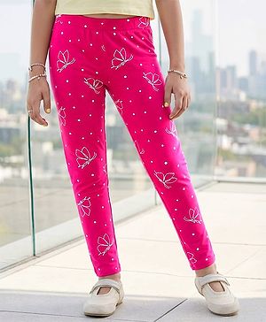 Pine Kids Cotton Lycra Knit Full Length Leggings With Polka Dots - Fuschia