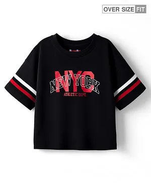 Kookie Kids Single Jersey Knit Drop Shoulder Half Sleeves Oversized T-Shirt With HD Text Print & Cut & Sew Tape - Black
