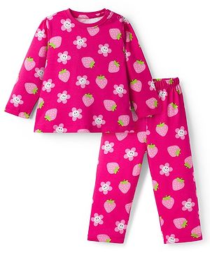 Babyhug Cotton Knit Full Sleeves Co-ord Night Suit With Floral & Strawberry Print - Dark Pink