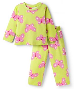 Babyhug Cotton Knit Full Sleeves Co-ord Night Suit With Butterfly Print - Light Green