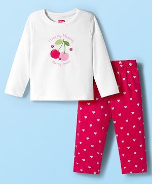 Babyhug Cotton Knit Full Sleeves Night Suit With Cherry & Heart Print - White & Red