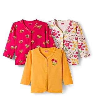 Babyhug 100% Cotton Interlock Knit Jhablas With Floral Print Pack Of 3 - Red Mustard & Cream