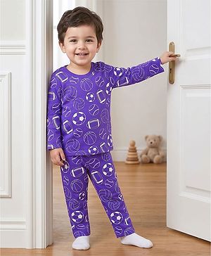 Babyhug Cotton Knit Full Sleeves Co-ord Night Suit With Sports Print - Purple
