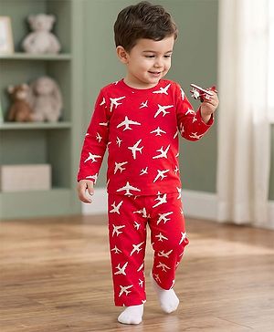 Babyhug Cotton Knit Full Sleeves Co-ord Night Suit With Plane Print - Red
