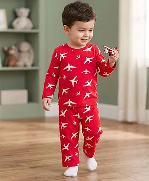 Babyhug Cotton Knit Full Sleeves
                              Co-ord Night Suit With Plane Print - Red