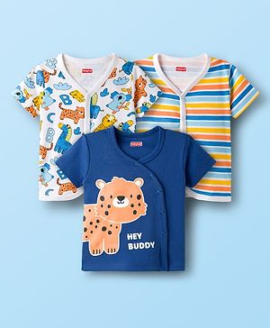 Babyhug 100% Cotton Knit Half Sleeves Jhablas With Animal Print Pack of 3 - Navy Blue & White