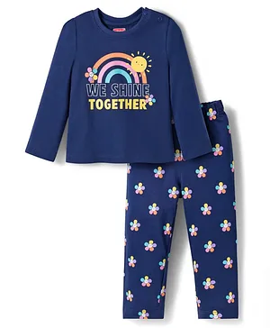 Babyhug Cotton Knit Full Sleeves
                              Night Suit With Floral Print - Navy Blue