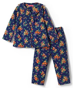 Babyhug Cotton Knit Full Sleeves Co-ords Night Suit with Floral Print - Navy Blue