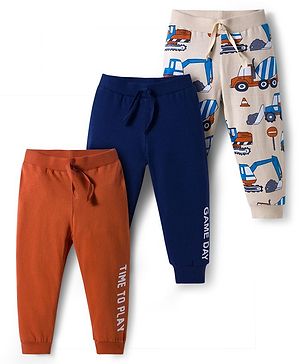 Babyhug Cotton Knit Full Length Lounge Pants With Vehicle Print Pack of 3 - Navy Blue Orange & White