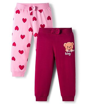 Babyhug Cotton Knit Full Length Lounge Pants With Heart & Teddy Bear Print Pack of 2 - Maroon & Pink