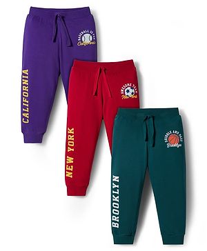 Babyhug Cotton Knit Full Length Lounge Pants with Sports Theme Print Pack of 3 - Red Green & Purple